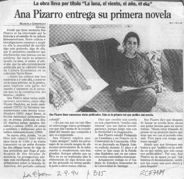 Ana Pizarro entrega su primera novela  [artículo] Marcela Giemináni.