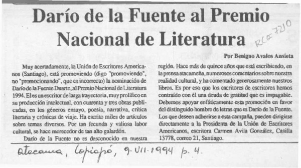 Darío de la Fuente al Premio Nacional de Literatura  [artículo] Benigno Avalos Ansieta.