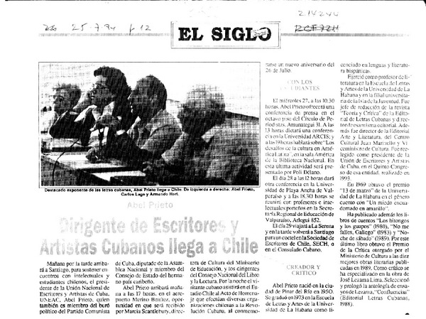 Dirigente de escritores y artistas cubanos llega a Chile  [artículo].