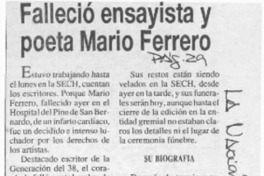 Falleció ensayista y poeta Mario Ferrero  [artículo].