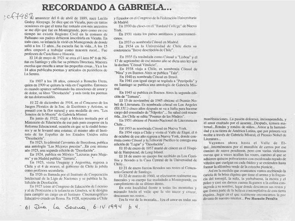 Recordando a Gabriela  [artículo] Horacio Peralta.
