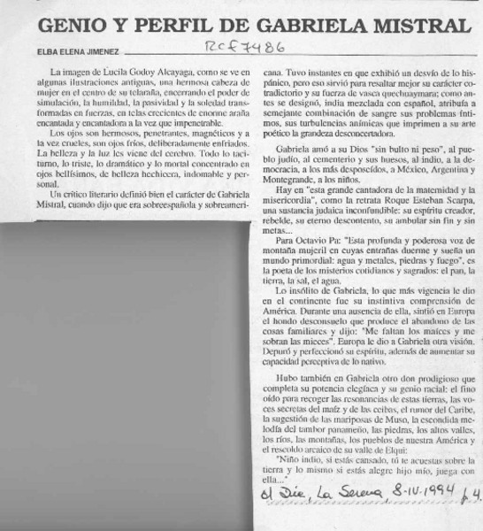 Genio y perfil de Gabriela Mistral  [artículo] Elba Elena Jiménez.