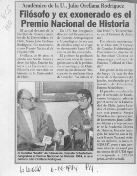 Filósofo y ex exonerado es el Premio Nacional de Historia  [artículo].