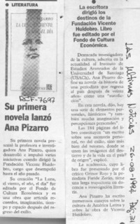Su primera novela lanzó Ana Pizarro  [artículo].