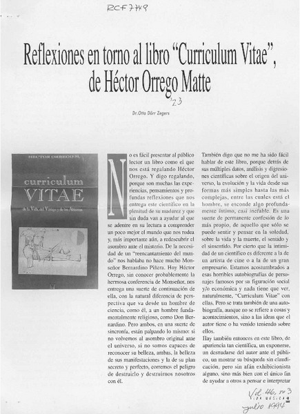 Reflexiones en torno al libro "Curriculum Vitae" de Héctor Orrego Matte  [artículo] Otto Dörr Zegers.