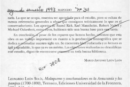 Leonardo León Solís, "Maloqueros y conchavadores en la Araucanía y las pampas, 1700-1800"  [artículo] Luis Carlos Parentini G.