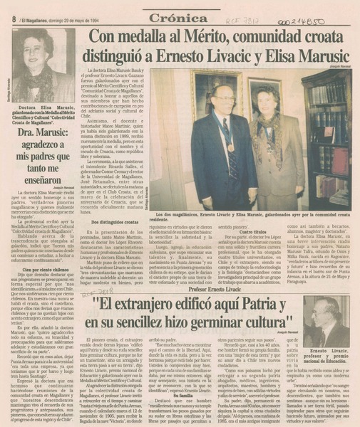 Con Medalla al Mérito, comunidad croata distinguió a Ernesto Livacic y Elisa Marusic