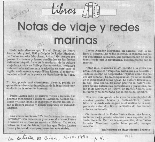 Notas de viaje y redes marinas  [artículo] Hugo Montes Brunet.