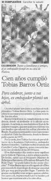 Cien años cumplió Tobías Barros Ortiz