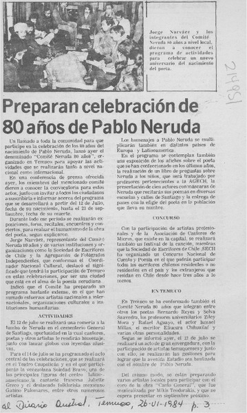 Preparan celebración de 80 años de Pablo Neruda