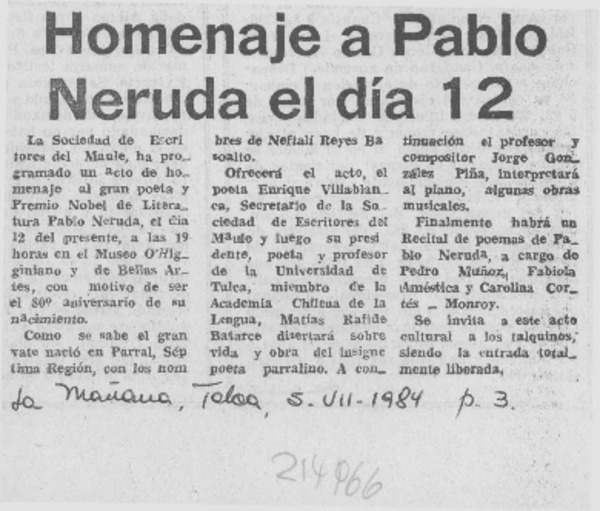 Homenaje a Pablo Neruda el día 12