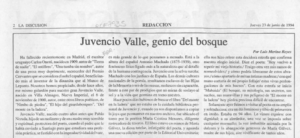 Juvencio Valle, genio del bosque  [artículo] Luis Merino Reyes.