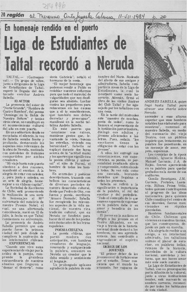 Liga de estudiantes de Taltal recordó a Neruda