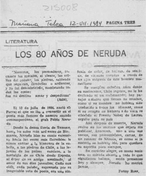 Los 80 años de Neruda