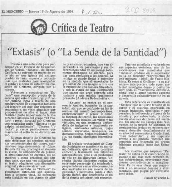 "Extasis" (o "La senda de la santidad")  [artículo] Carola Oyarzún L.