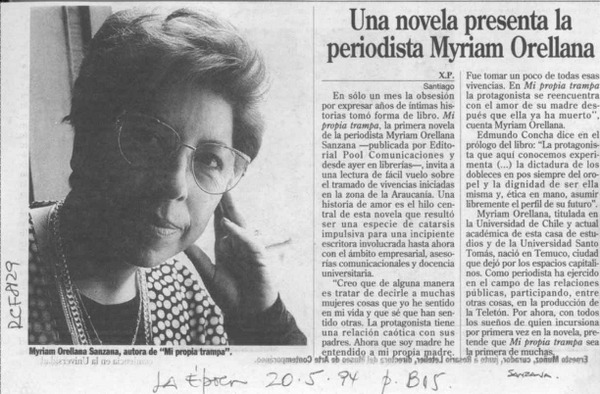 Una novela presenta la periodista Myriam Orellana  [artículo] X. P.