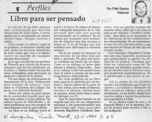 Libro para ser pensado  [artículo] Fidel Oyarzo Villarroel.