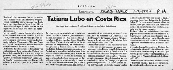 Tatiana Lobo en Costa Rica  [artículo] Sergio Martínez Baeza.