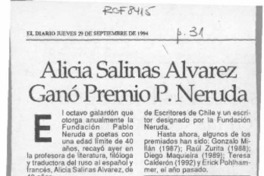 Alicia Salinas Alvarez ganó premio P. Neruda  [artículo].