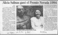 Alicia Salinas ganó el Premio Neruda 1994  [artículo] M. G.