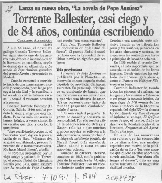 Torrente Ballester, casi ciego y de 84 años, continúa escibiendo  [artículo] Guillermo Altares.
