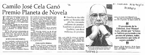 Camilo José Cela ganó Premio Planeta de Novela  [artículo].