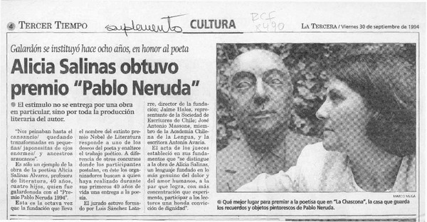 Alicia Salinas obtuvo premio "Pablo Neruda"  [artículo].