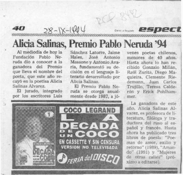 Alicia Salinas, premio Pablo Neruda' 94  [artículo].