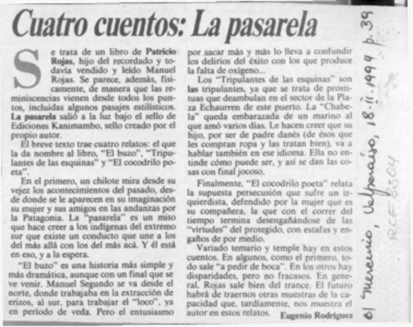 Cuatro cuentos, "La pasarela"  [artículo] Eugenio Rodríguez.