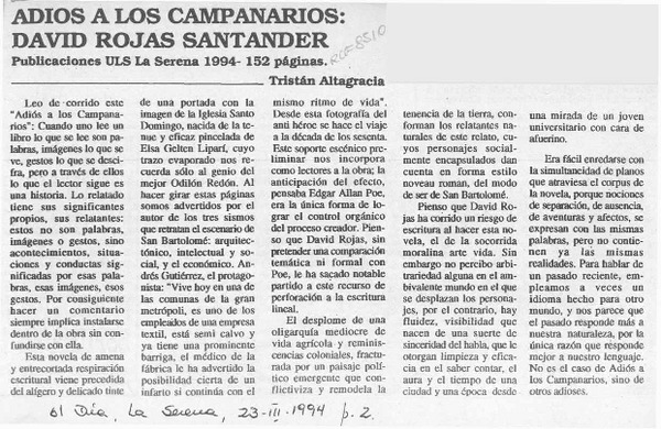 Adiós a los campanarios, David Rojas Santander  [artículo] Tristán Altagracia.