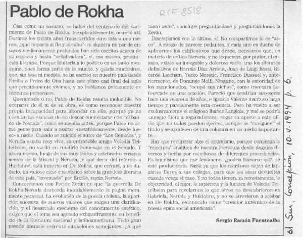 Pablo de Rokha  [artículo] Sergio Ramón Fuentealba.