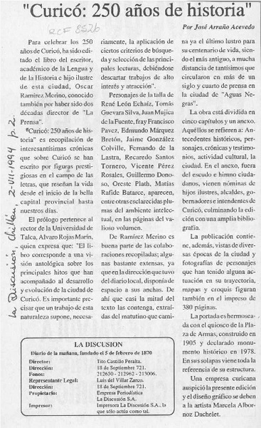 "Curicó, 250 años de historia"  [artículo] José Arraño Acevedo.