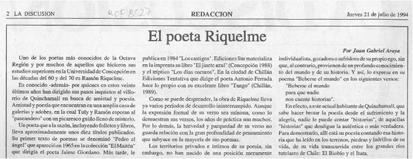 El poeta Riquelme  [artículo] Juan Gabriel Araya.