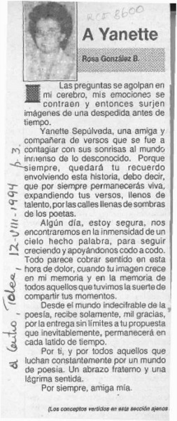 A Yanette  [artículo] Rosa González B.