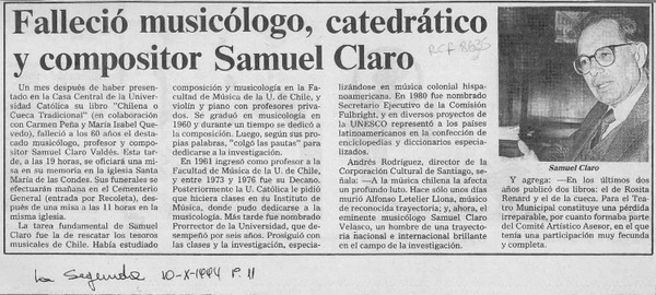 Falleció musicólogo, catedrático y compositor Samuel Claro