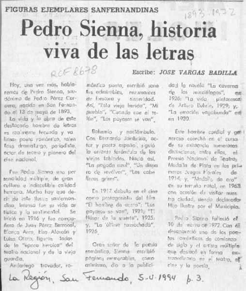 Pedro Sienna, historia viva de las letras  [artículo] José Vargas Badilla.