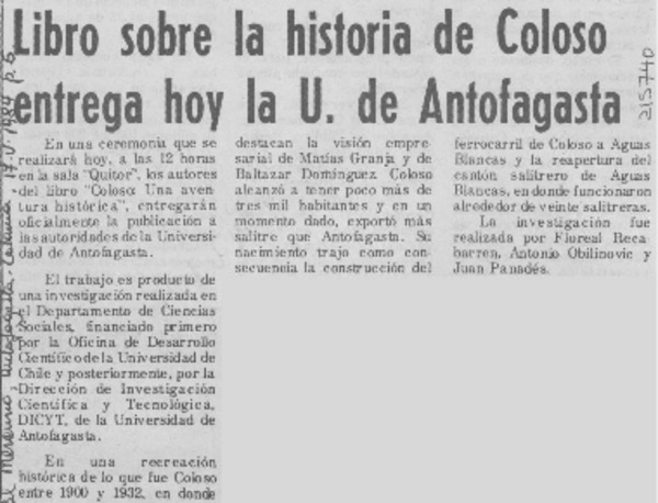 Libro sobre la historia de Coloso entrega hoy la U. de Antofagasta