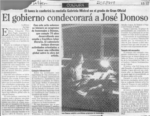 El Gobierno condecorará a José Donoso  [artículo].