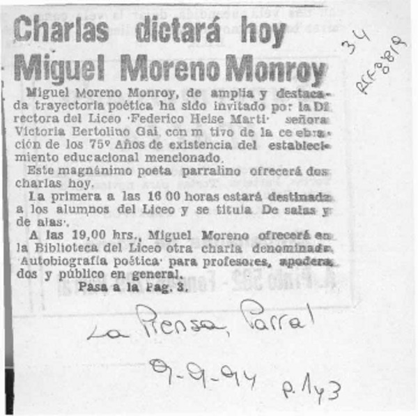Charlas dictará hoy Miguel Moreno Monroy  [artículo].