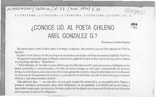 Conoce Ud. al poeta chileno Abel González?  [artículo] Francisco Catalán Zanella.