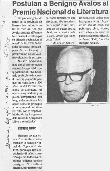Postulan a Benigno Avalos al Premio Nacional de Literatura  [artículo].
