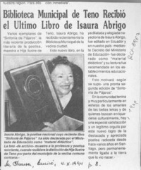 Biblioteca Municipal de Teno recibió el último libro de Isaura Abrigo  [artículo]