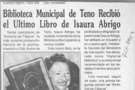 Biblioteca Municipal de Teno recibió el último libro de Isaura Abrigo  [artículo]