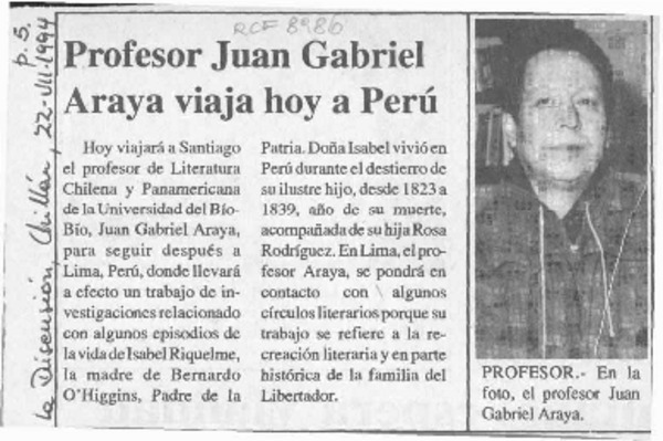 Profesor Juan Gabriel Araya viaja hoy a Perú  [artículo].