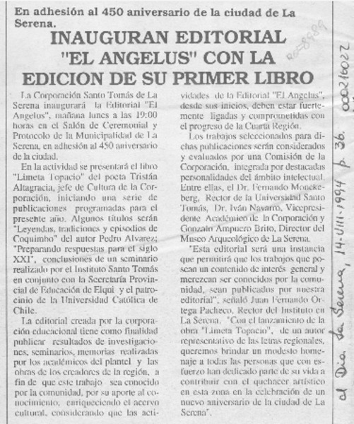 Inauguran editorial "El Angelus" con la edición de su primer libro  [artículo].
