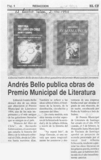 Andrés Bello publica obras de Premio Municipal de Literatura  [artículo].