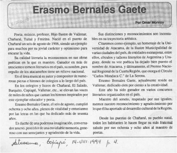 Erasmo Bernales Gaete  [artículo] Omar Monroy.