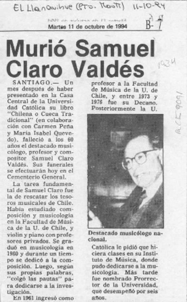 Murió Samuel Claro Valdés  [artículo].