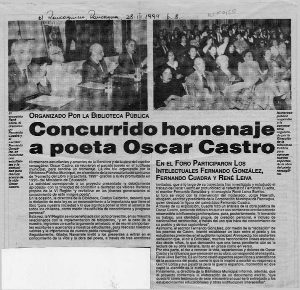 Concurrido homenaje a poeta Oscar Castro  [artículo].