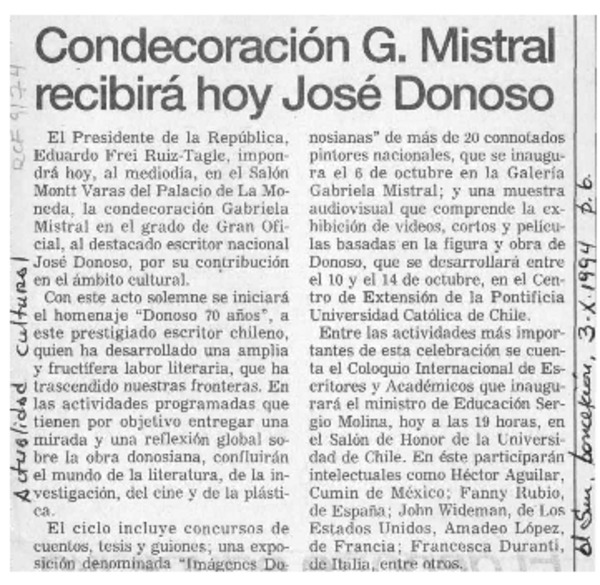 Condecoración G. Mistral recibirá hoy José Donoso  [artículo].